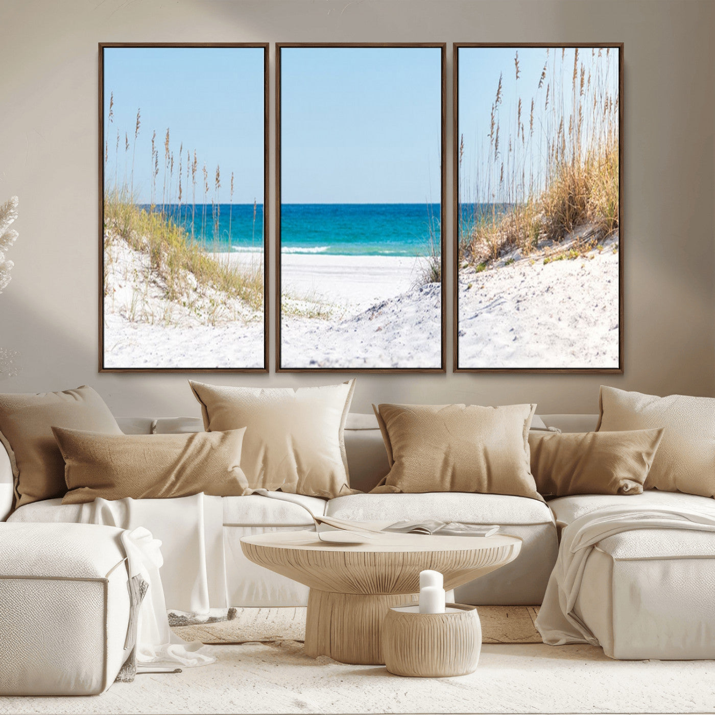 MGV-FC-48X32-3P - Serene Coastal Dune Path with Ocean View, 3-Panel Beach Canvas Wall Art, Tranquil Seascape Giclee Print, Gallery Wrap, Perfect for Coastal Home Decor
