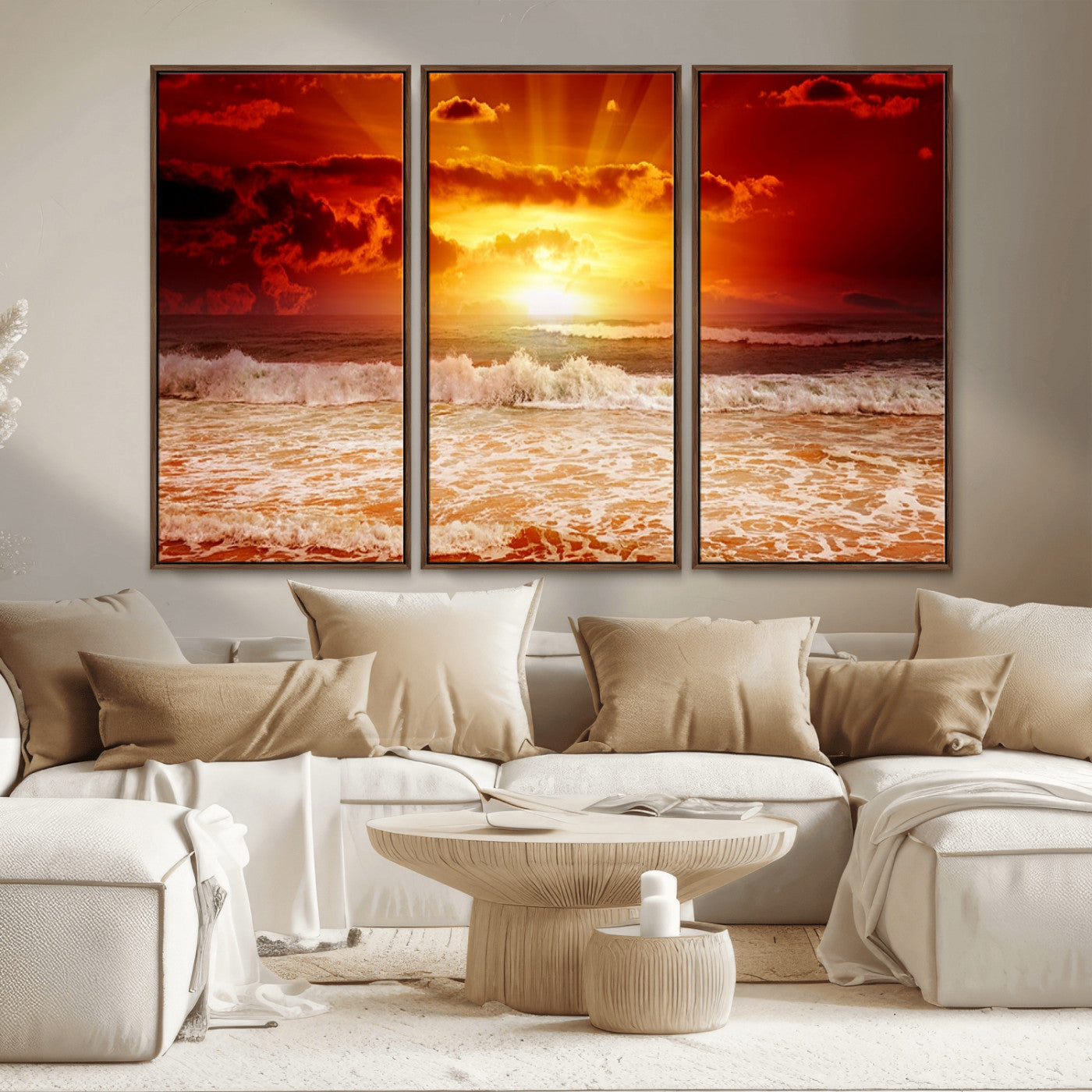 MGV-FC-48X32-3P - Red Sunset Ocean Beach Canvas Wall Art Beach Canvas, Coastal Sunset Print