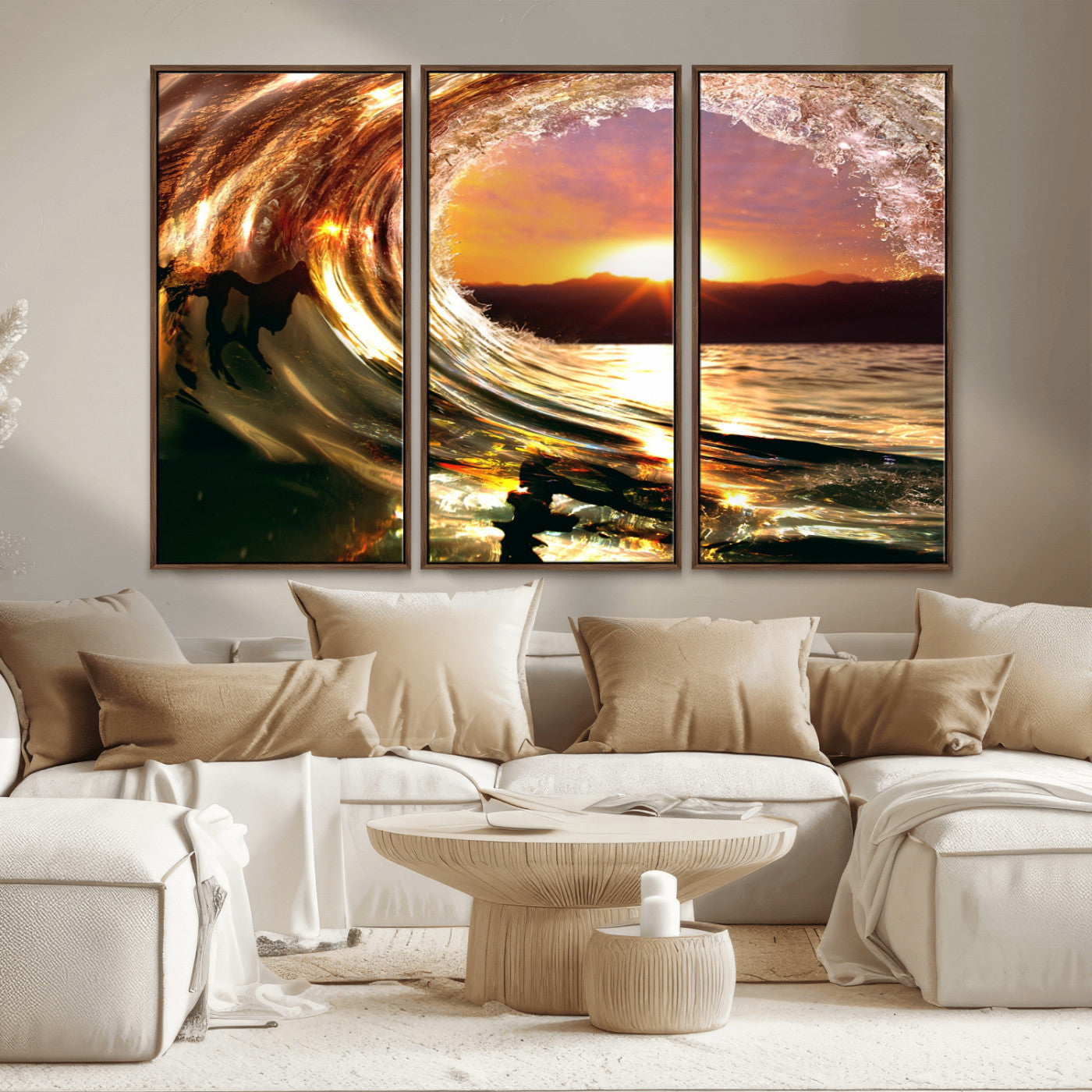 MGV-FC-48X32-3P - Golden Wave Sunset Triptych Canvas Art, Giclee Canvas Print of Ocean Wave and Sunset, Framed Ocean