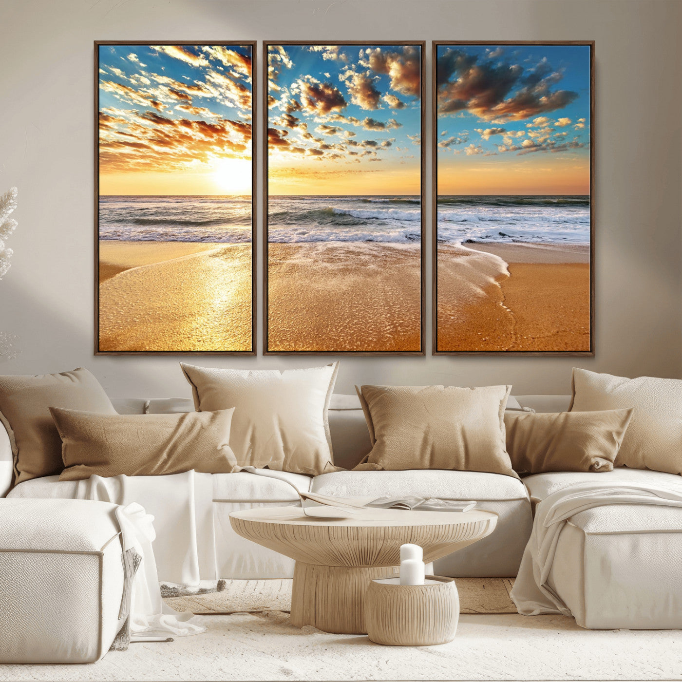 MGV-FC-48X32-3P - Golden Sunset Beach Print Canvas Wall Art, Giclee Canvas Print with Canon Print Quality, Triptych
