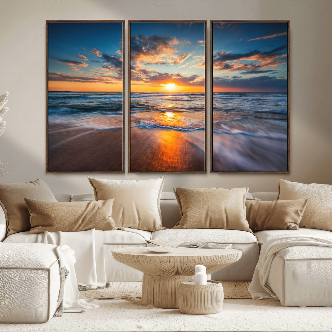 MGV-FC-48X32-3P - Sunset on the Ocean Beach with Waves, Reflections on Sand, Coastal Wall Art Print, Beach Wall Art,