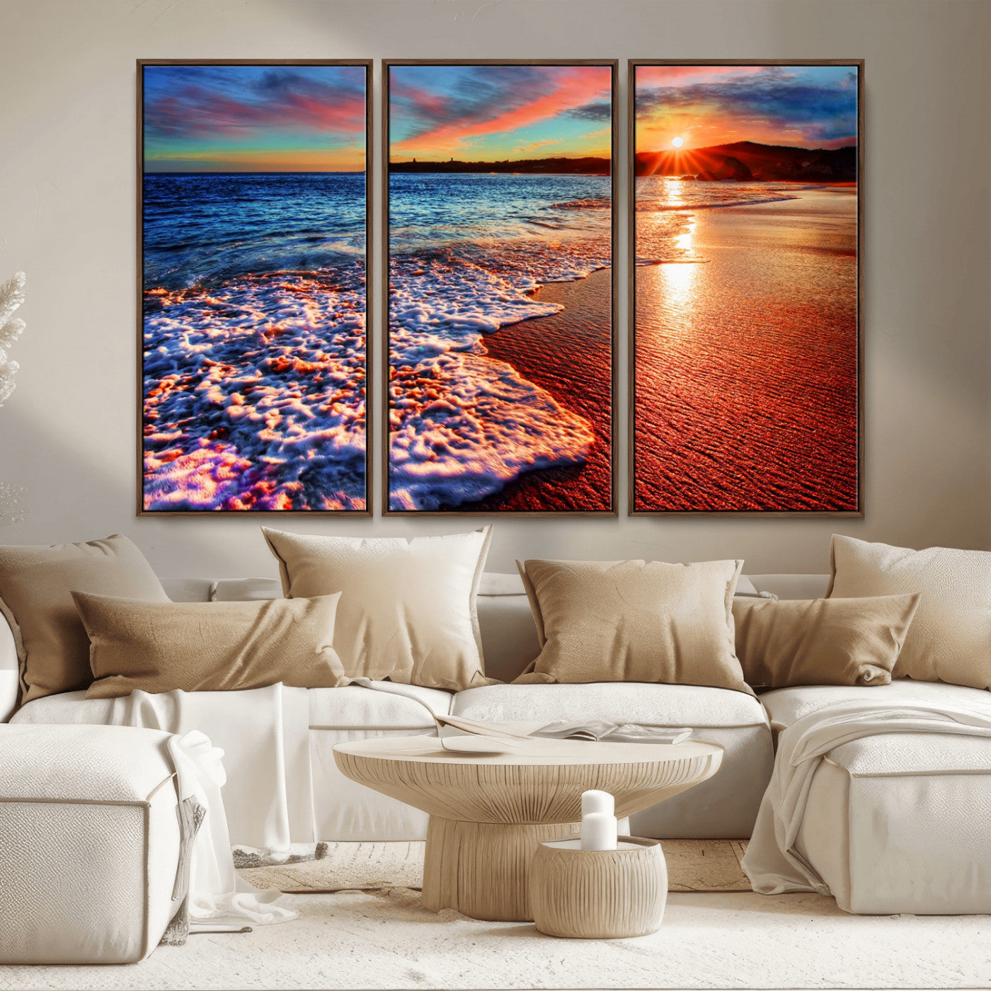 MGV-FC-48X32-3P - Colorful Coastal Sunset on the Beach Canvas Print, Ocean Waves Crashing at Dusk, Multi-Panel Seascape Vibrant Coastal Wall Art Canvas Print