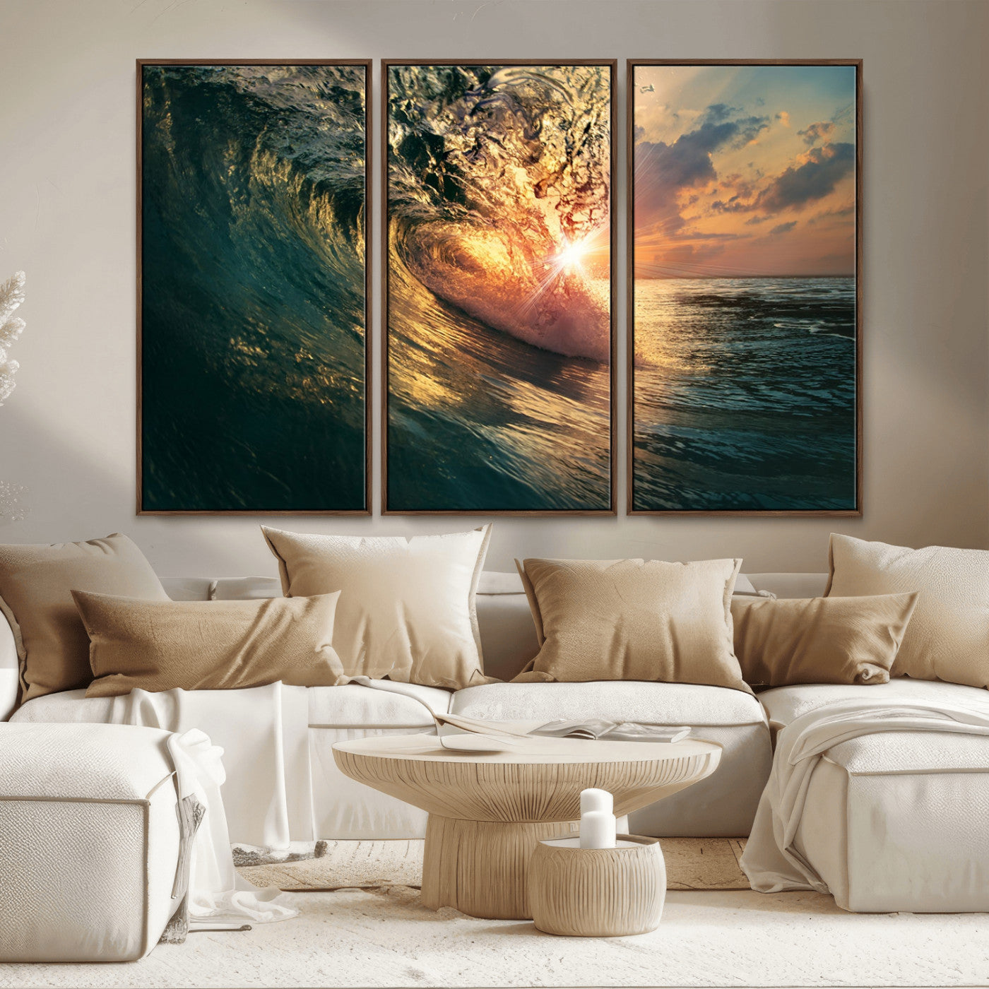 MGV-FC-48X32-3P - Ocean Wave Sunset Canvas Wall Art – Triptych Seascape Print – Framed and Ready to Hang for Living Room or Office