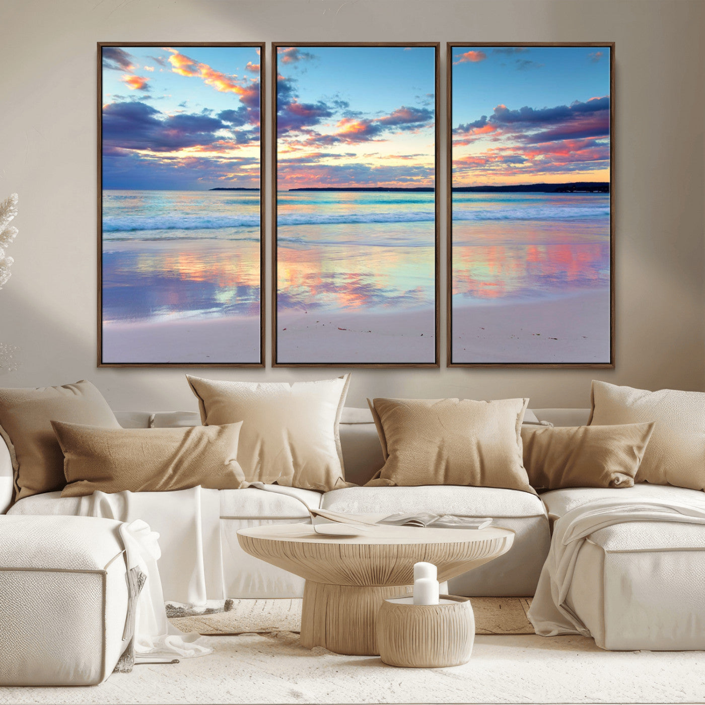 MGV-FC-48X32-3P - Tranquil Pastel Sunset Beach Triptych Canvas Art, Soothing Coastal Ocean Shoreline Giclee Print, Beach Reflections Wall Decor for Serene Spaces