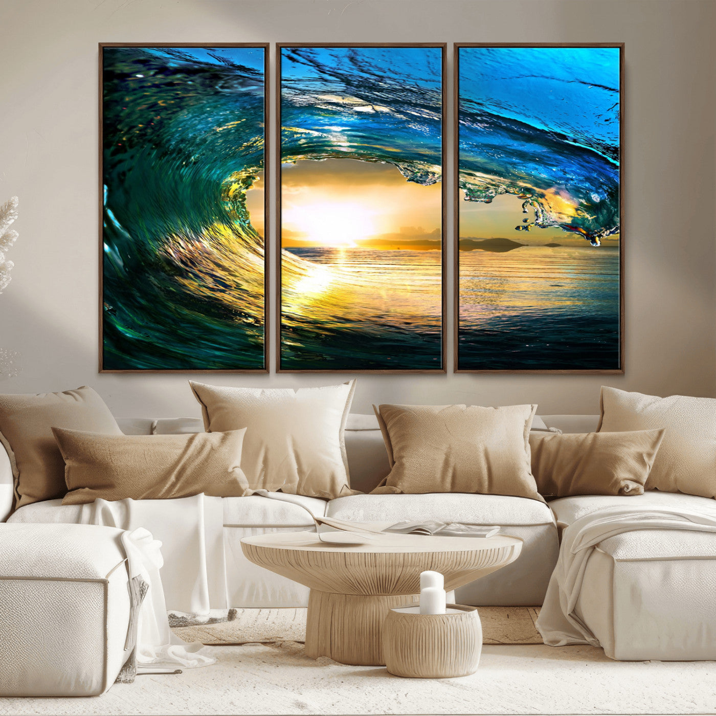 MGV-FC-48X32-3P - Ocean Wave at Sunset Canvas Art, Large Wall Print of Vibrant Water Waves, Coastal Art for Living Room and Dining Room