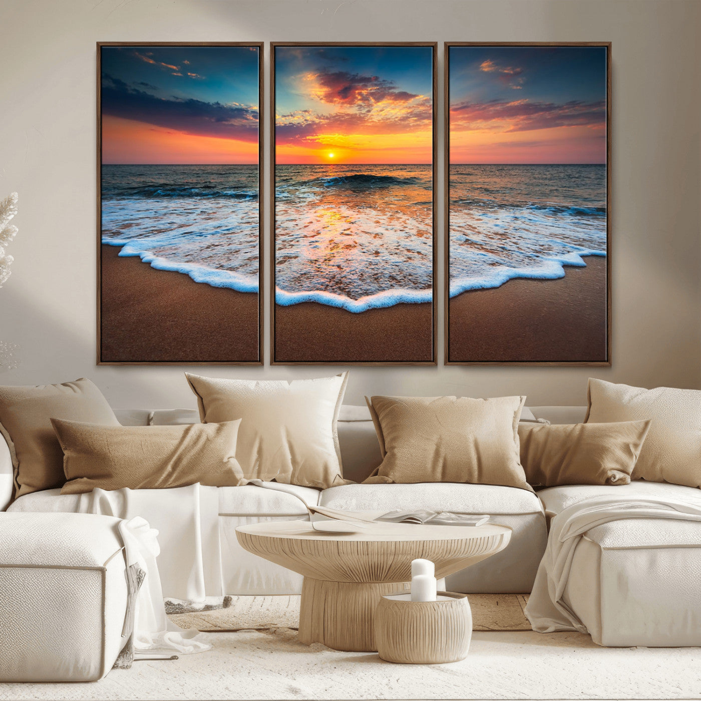 MGV-FC-48X32-3P - Sunset Beach Canvas Wall Art – Colorful Ocean Waves Triptych – Coastal Decor for Living Room or Bedroom – Framed and Ready to Hang