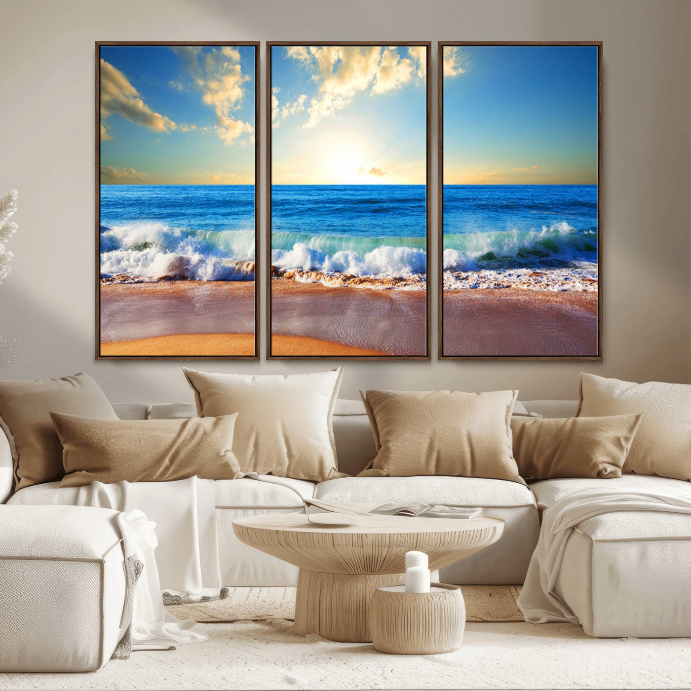 MGV-FC-48X32-3P - Tropical Beach Sunset Canvas Art, Ocean Waves and Sandy Shoreline Wall Art, Large Beach Decor for Coastal Homes