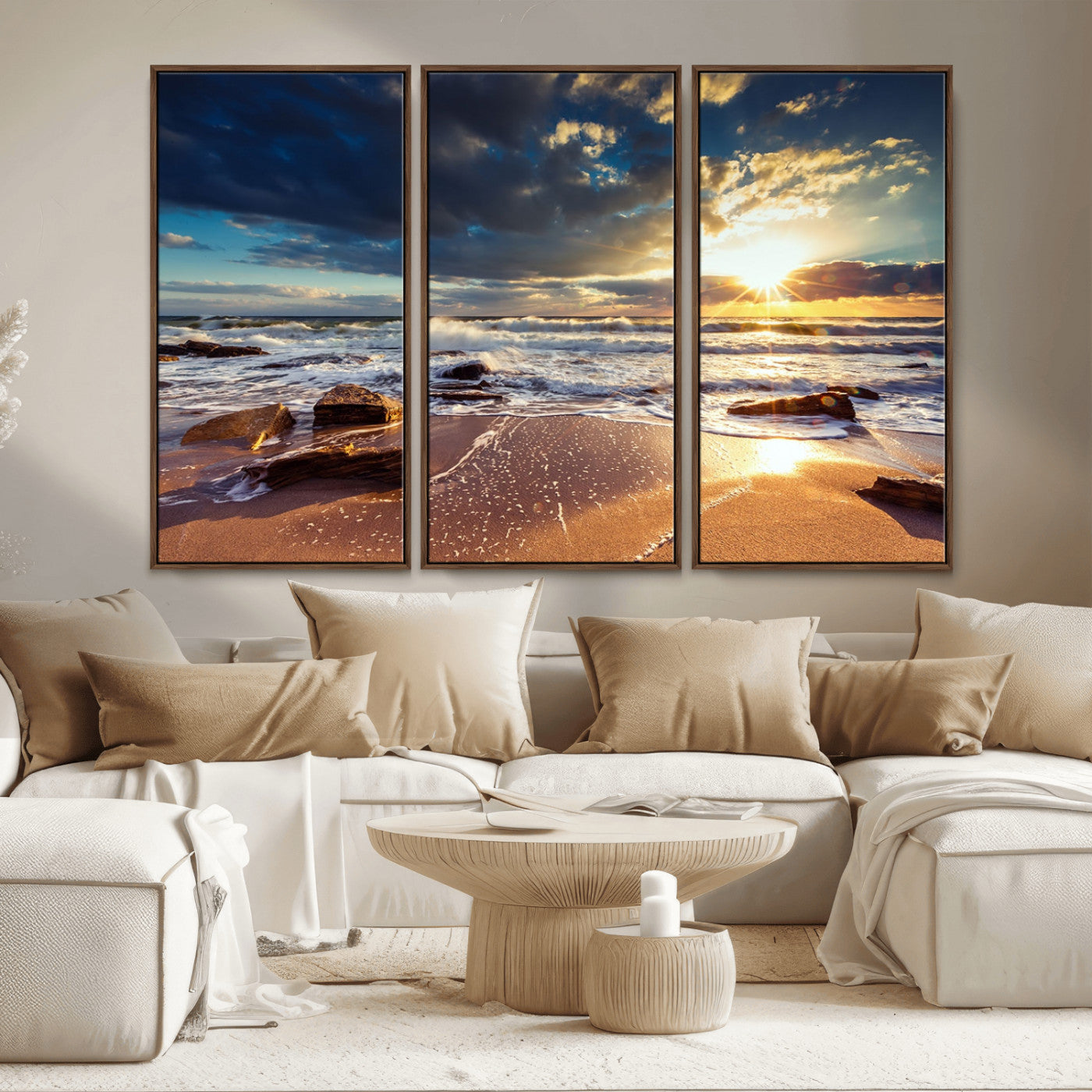 MGV-FC-48X32-3P - Golden Hour Beach Sunset Canvas Triptych, Ocean Waves and Rocks Wall Art for Coastal Home Decor