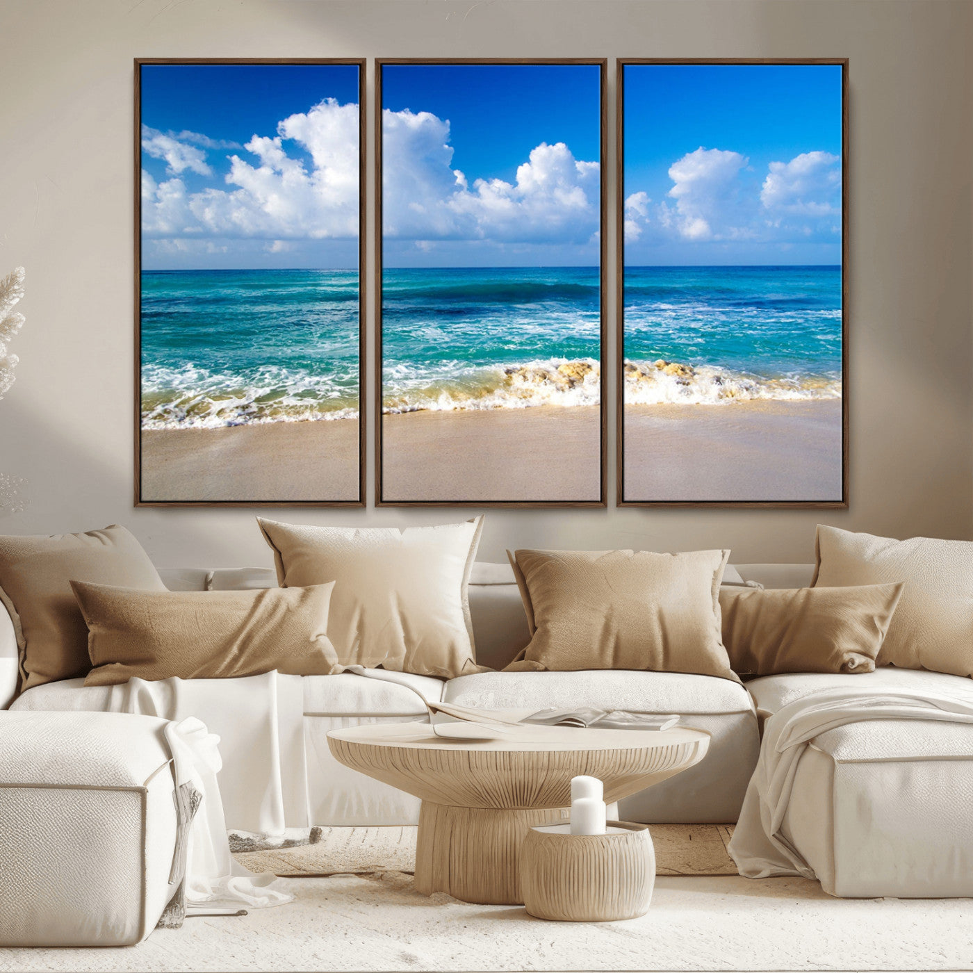 MGV-FC-48X32-3P - Tropical Beach 3-Panel Canvas Wall Art – Serene Ocean Waves and Blue Sky – Giclée Print for Living Room, Office, or Bedroom Coastal Decor