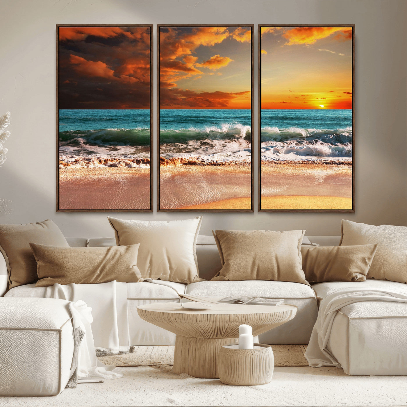 MGV-FC-48X32-3P - Golden Sunset Beach Canvas Wall Art – Triptych Seascape Print – Framed and Ready to Hang for Living Room or Office