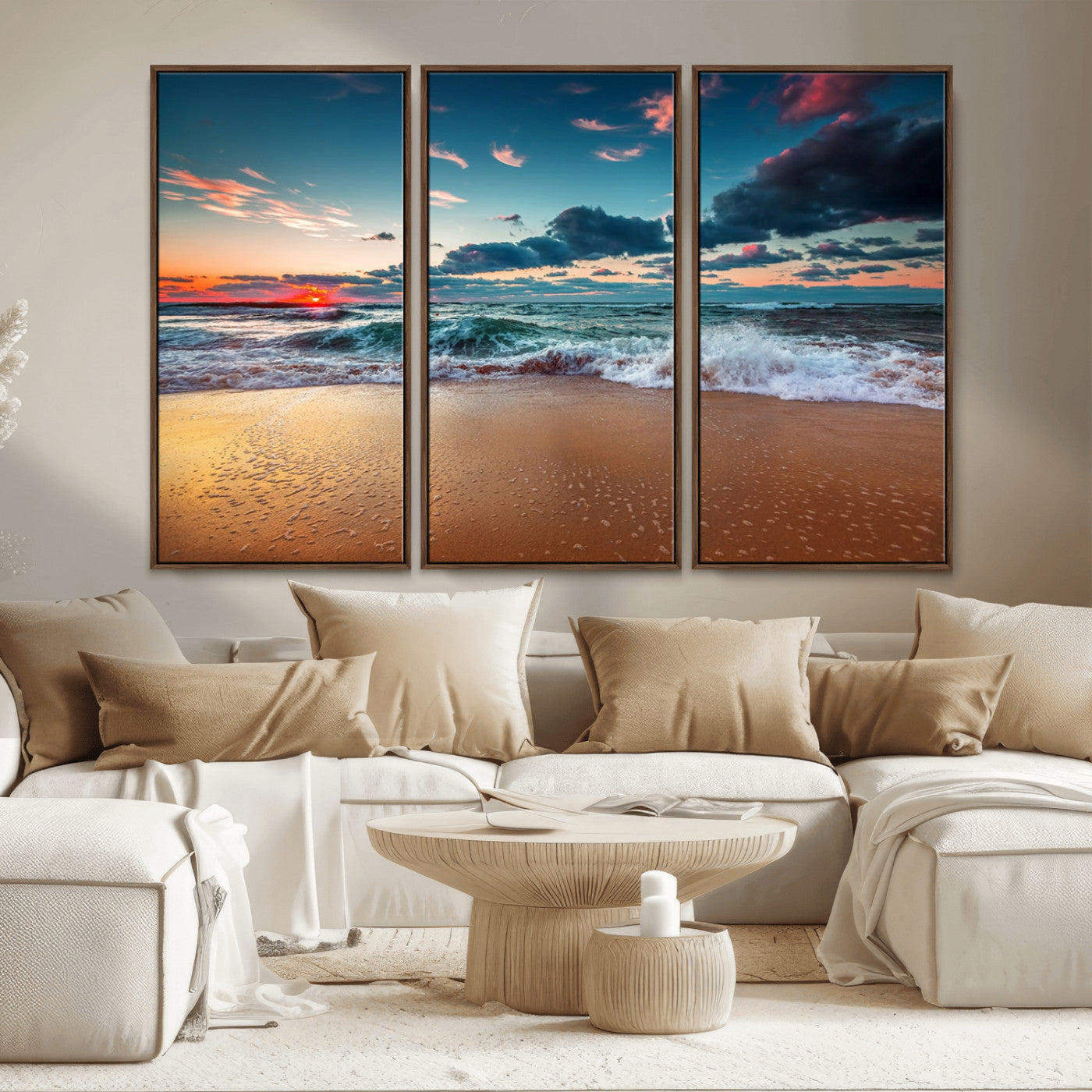 MGV-FC-48X32-3P - Sunset on Beach Wall Art Ocean Beach Canvas Print