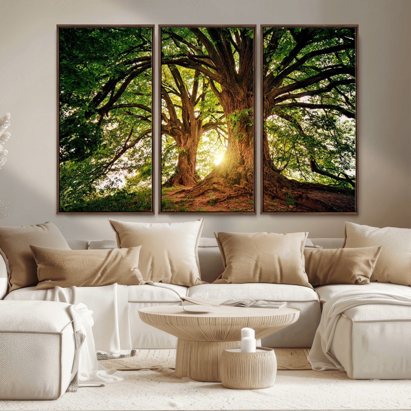 MGV-FC-48X32-3P - Majestic Ancient Tree Wall Art, Nature-Inspired Canvas Print, Woodland Art, Tree of Life Artwork, Sunlit Forest, Giclee Nature Print
