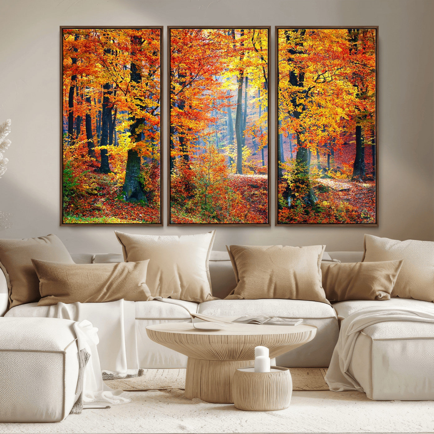 MGV-FC-48X32-3P - Autumn Red Forest Triptych Canvas Wall Art Print, Forest Wall Decor, Fall Landscape Art | Season Nature Landscape for Home or Office