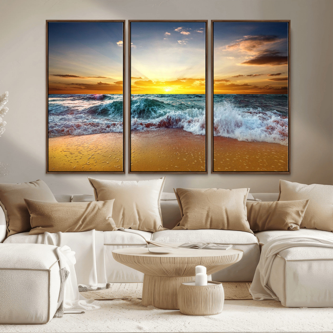 MGV-FC-48X32-3P - Golden Sunset Ocean Waves Wall Art Canvas Print – Multi Panel Beach Canvas Print Set – Large Coastal Triptych Print for Home or Farmhouse Decor