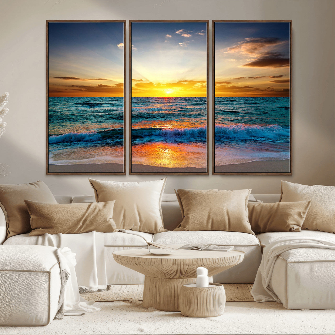 MGV-FC-48X32-3P - Vibrant Ocean Sunrise Over Golden Beach Waves, Giclee Canvas Wall Art Set, High-Quality Stretched Canvas Print, Ready to Hang Coastal Sunset Wall