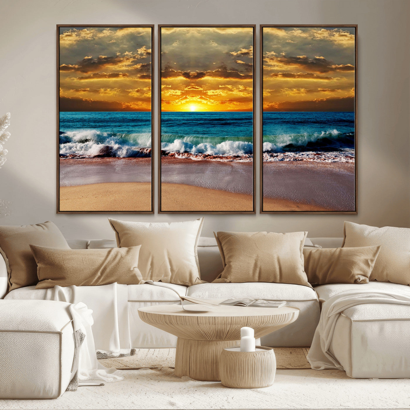 MGV-FC-48X32-3P - Ocean Sunrise Over Golden Beach Waves, Giclee Canvas Wall Art Set, High-Quality Stretched Canvas Print, Ready to Hang Coastal Sunset Wall Decor