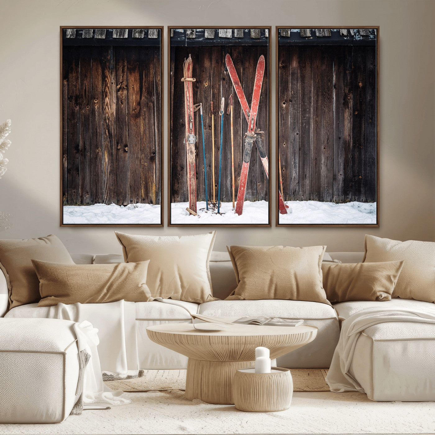 MGV-FC-48X32-3P - Vintage Ski Gear Against Wooden Cabin Wall, Rustic Winter Sports Equipment Canvas Print, Ready to Hang Wall Art, Perfect for Lodge or Ski Cabin Decor