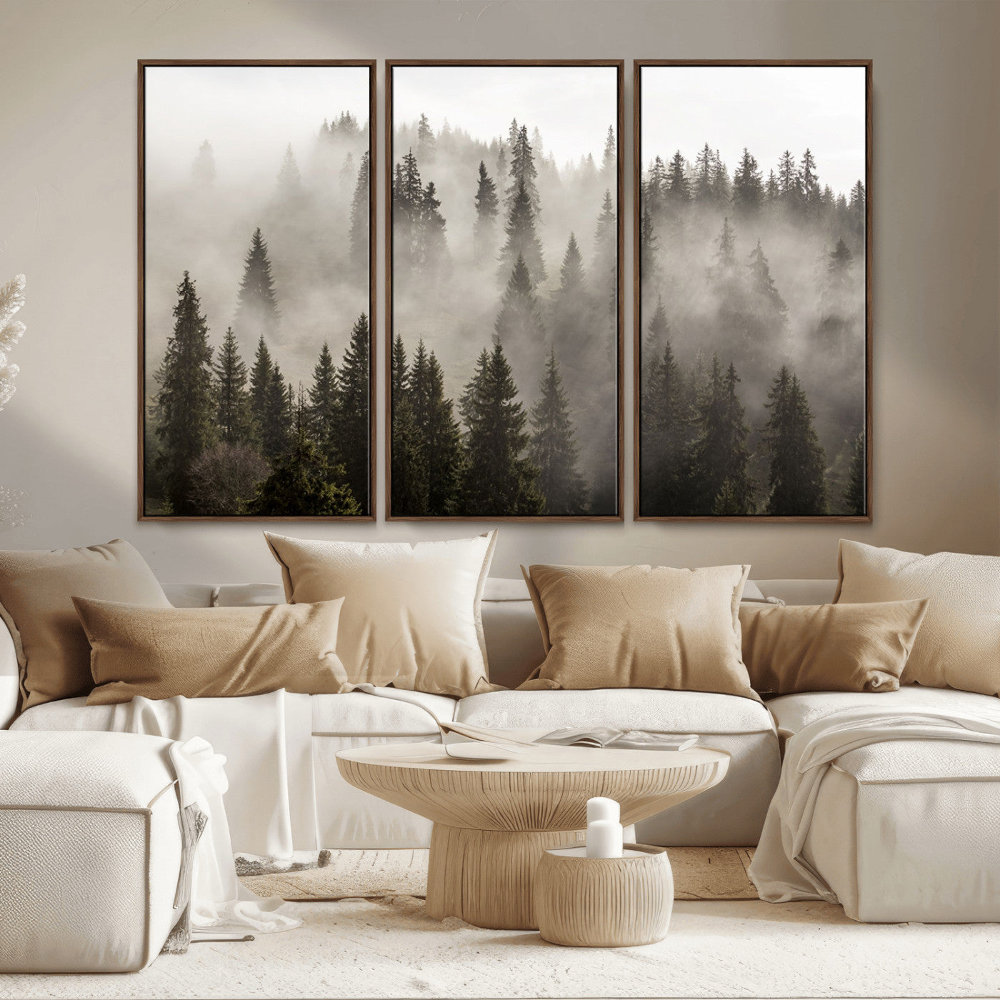 MGV-FC-48X32-3P - Foggy Mountain Wall Art | 3-Panel Foggy Forest and Mountain Landscape | Large Giclee Print for