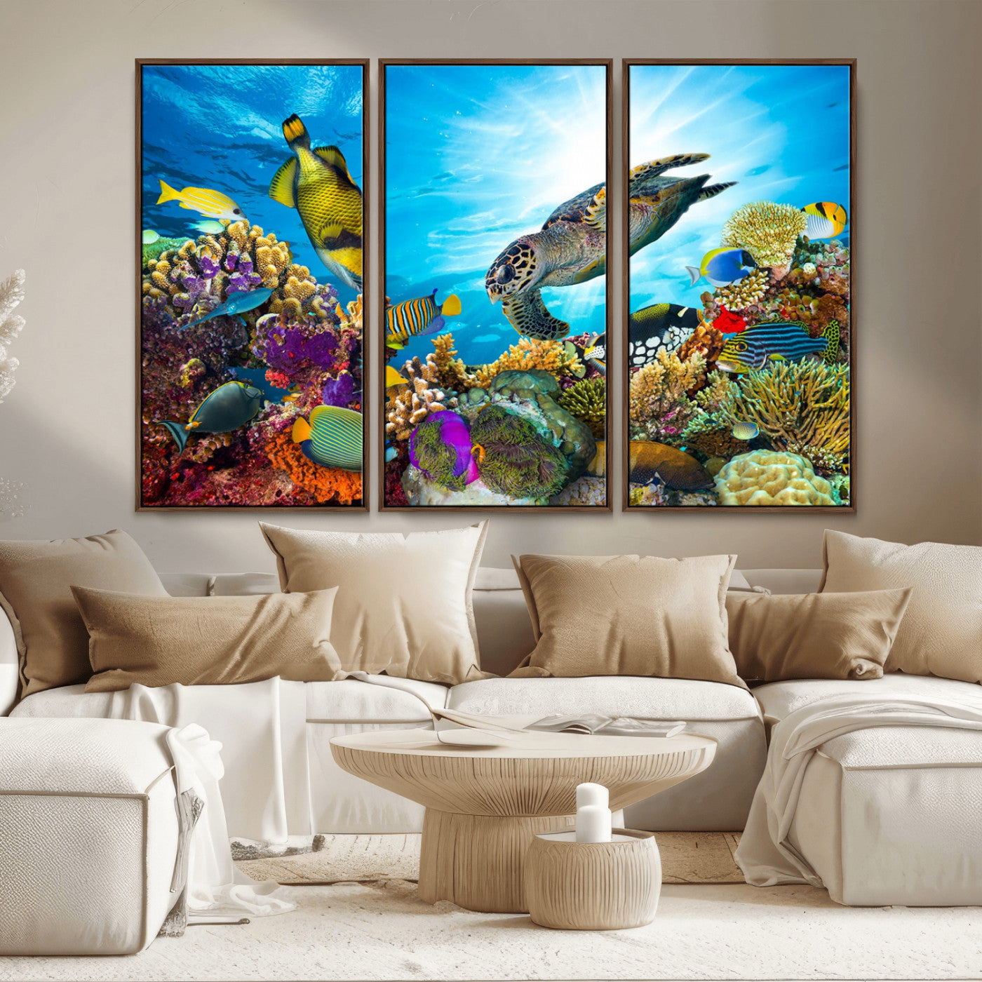 MGV-FC-48X32-3P - Sea Turtle Coral Reef Wall Art Print – Colorful Underwater Canvas Print – Tropical Ocean Marine Life Artwork – Perfect for Coastal Home Decor