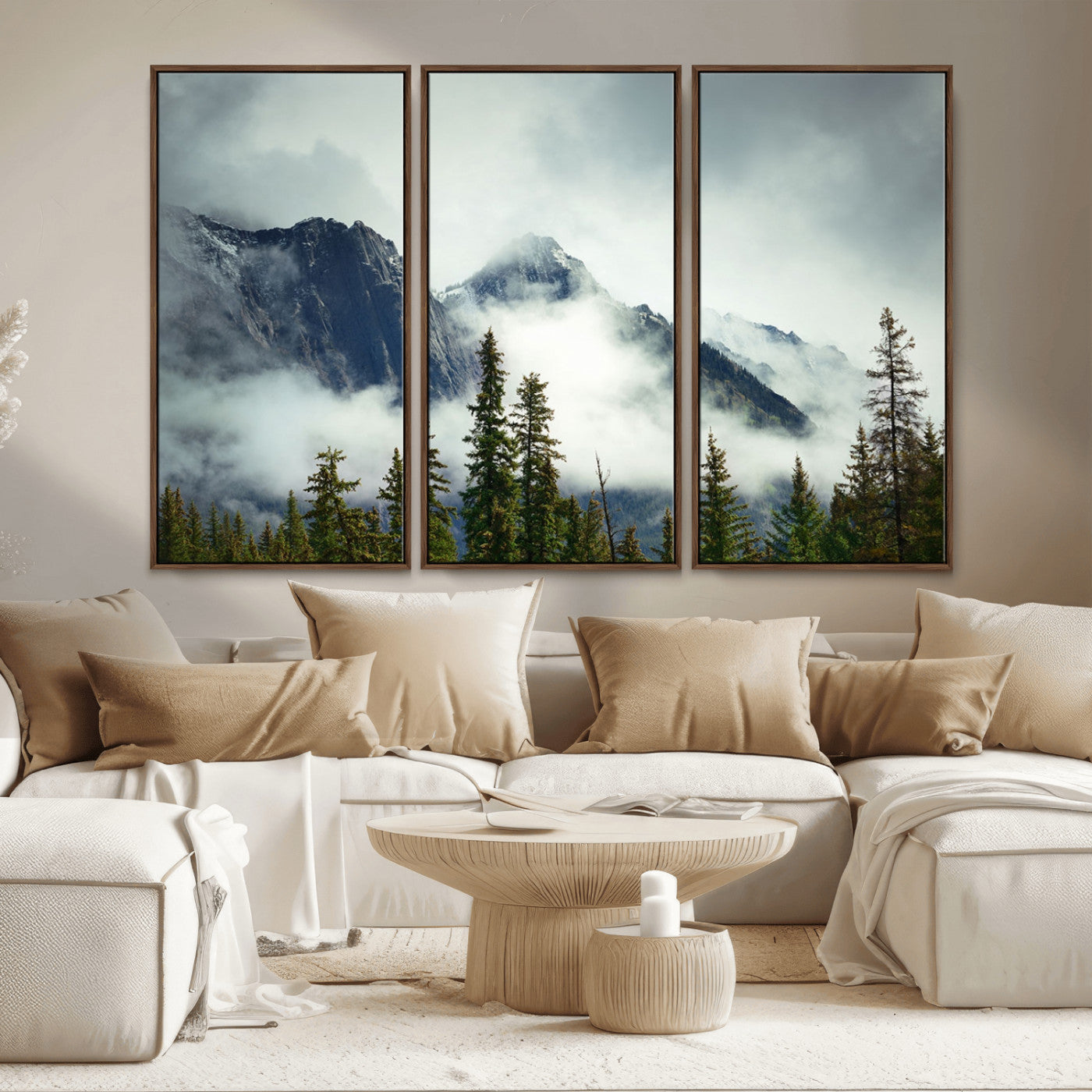 MGV-FC-48X32-3P - Mountain Mist Canvas Wall Art | 3-Panel Foggy Forest and Mountain Landscape | Large Giclee Print for Living Room, Office, or Cabin, Farmhouse Decor