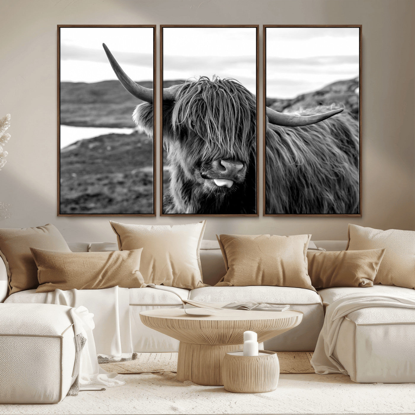 MGV-FC-48X32-3P - Highland Cow Canvas Wall Art – Black and White Animal Portrait – Framed and Ready to Hang Rustic Farmhouse Decor for Living Room or Office