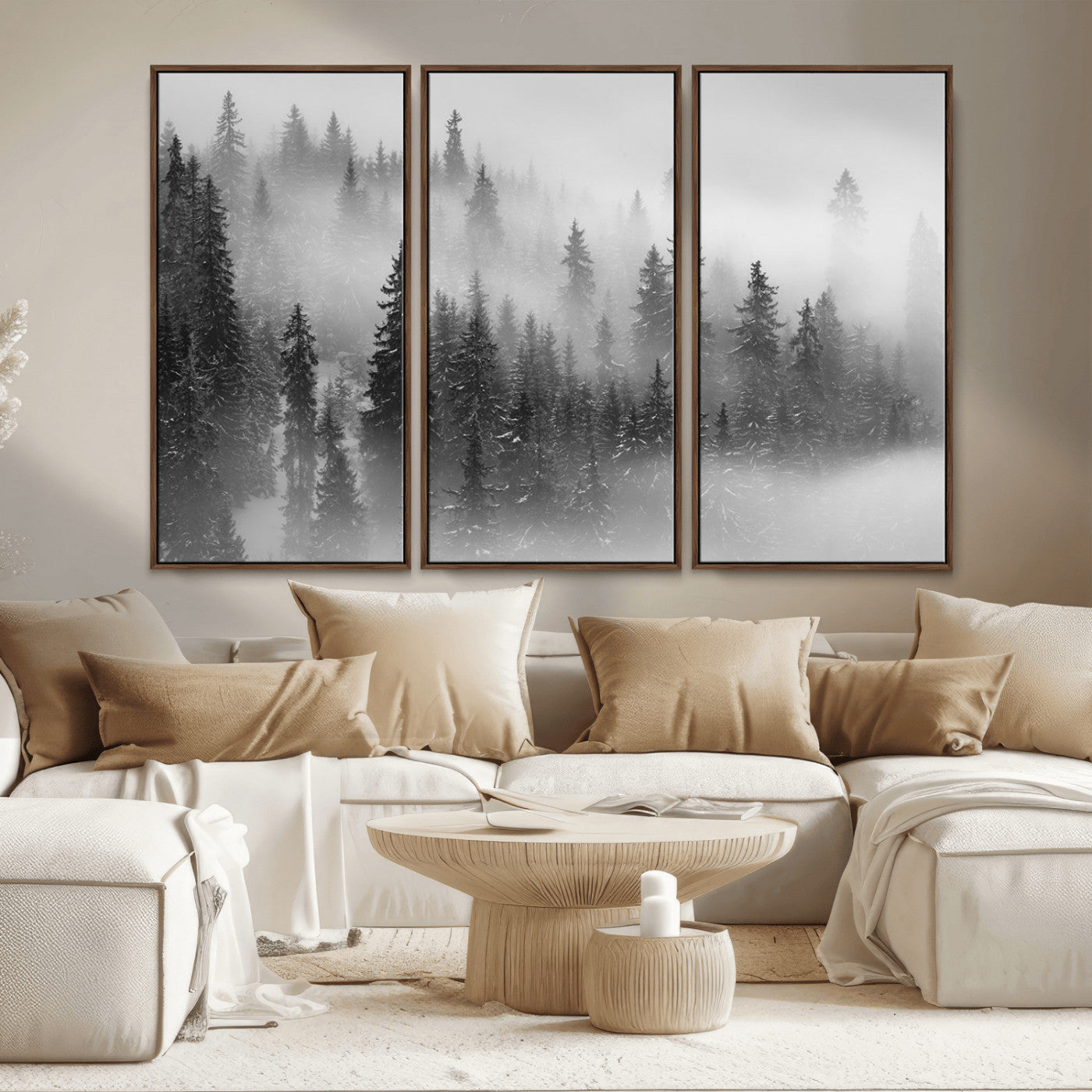 MGV-FC-48X32-3P - Black and White Forest Wall Art Print – Misty Pine Tree Canvas Print – Winter Woodland Nature Artwork – Perfect for Minimalist Home Decor