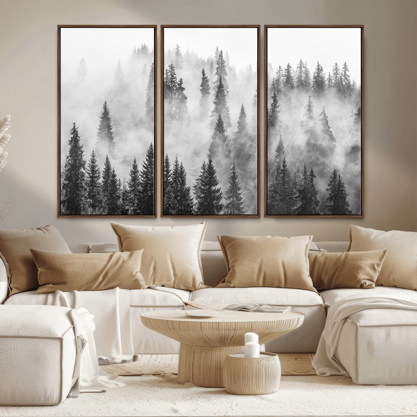 MGV-FC-48X32-3P - Forest Wall Art Print | Foggy Pine Forest Canvas Wall Art - Black and White Nature Decor for Living
