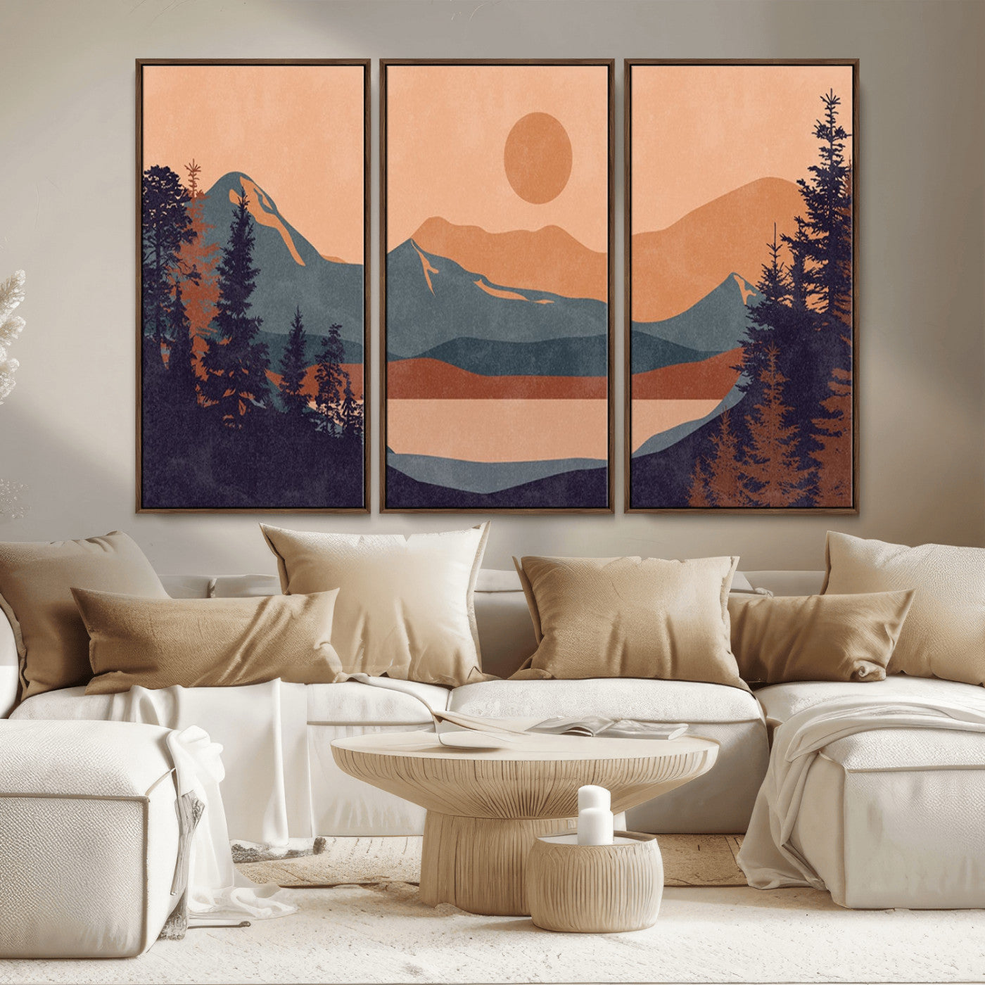 MGV-FC-48X32-3P - Modern Boho Sunset Canvas Print, Mountain Landscape Triptych – Giclée Canvas Art Print for Living