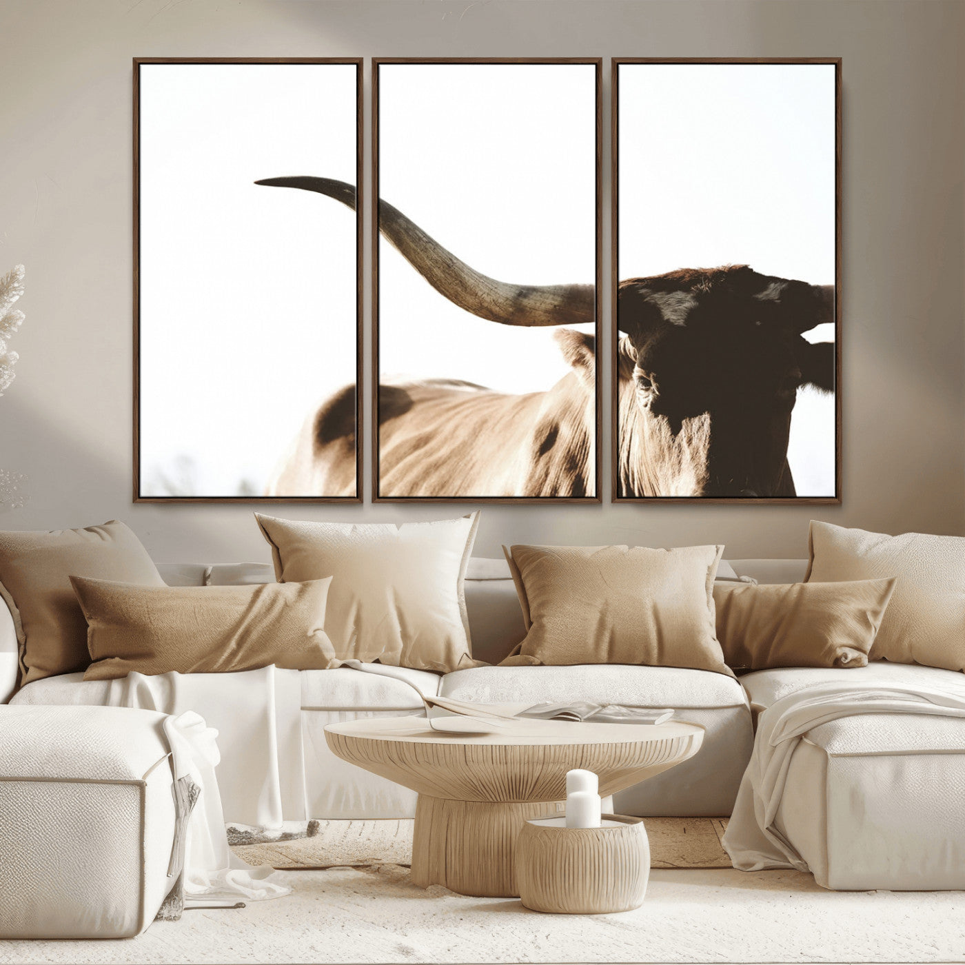 MGV-FC-48X32-3P - Texas Longhorn Wall Art Canvas Print | 3-Panel Large Longhorn Canvas Print for Living Room, Framed Gallery Wrap Office, Rustic Western Cowboy Decor