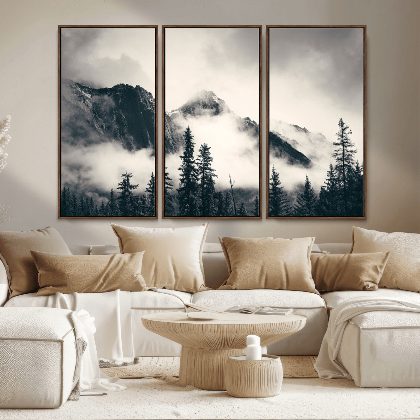 MGV-FC-48X32-3P - Large Foggy Mountain Forest Wall Art Canvas Print | Misty Mountain Peaks and Pine Trees Print | Framed Gallery Wrap | Rustic Nature Farmhouse Decor