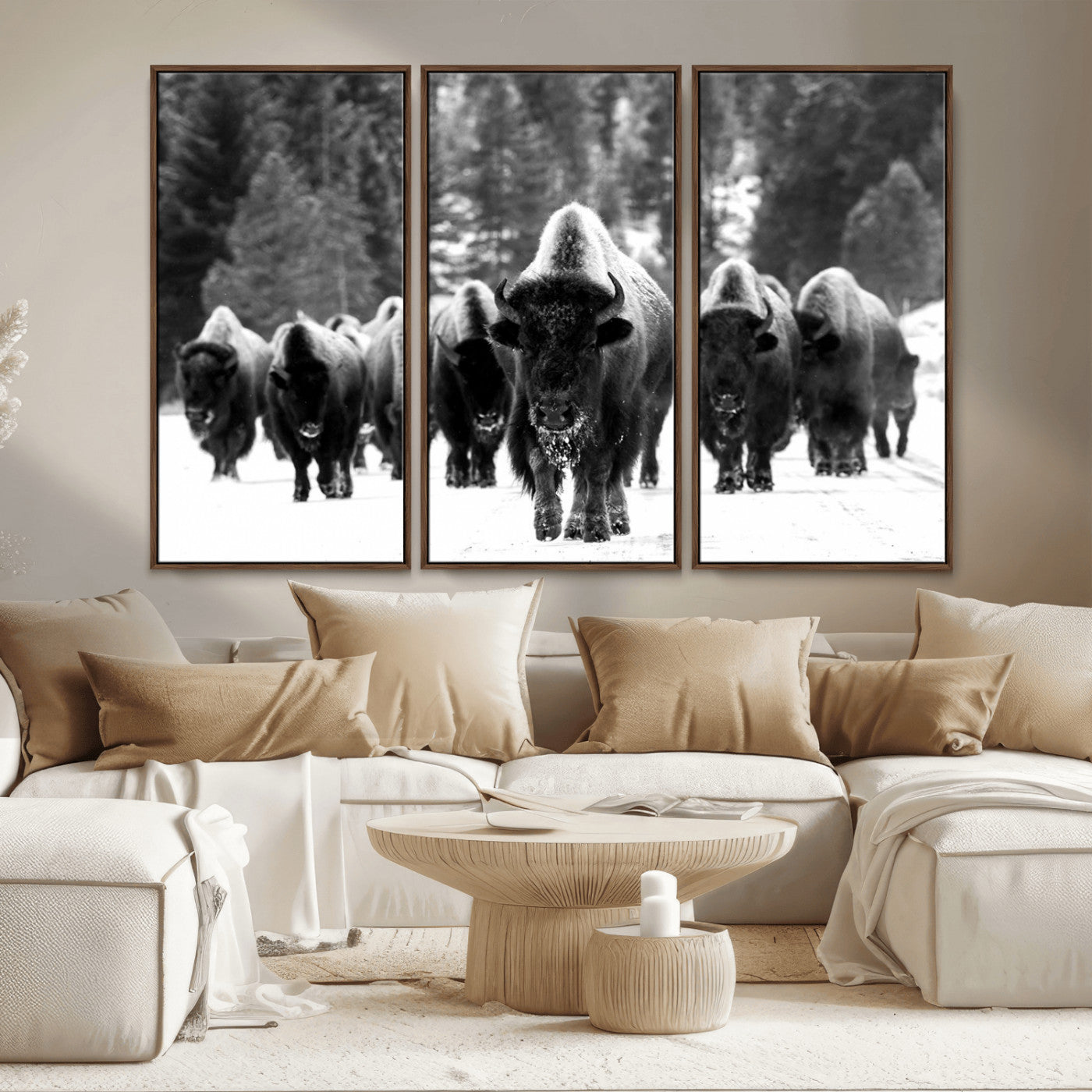 62434-MGV-CV-36X24-Bison Herd in Snow Wall Art Canvas Print | Rustic Western Bison Wall Art for Decor for Living Room,