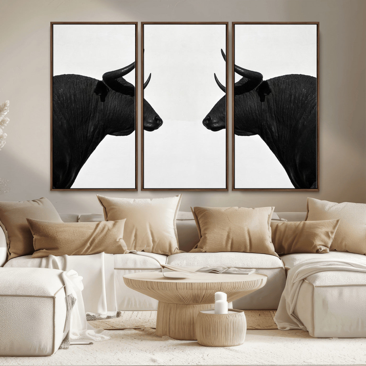 16038-MGV-FC-48X32-3P_Walnut-Spanish Bull Art - Framed Black and White Bull Canvas Print for Modern Rustic Home or Office Decor