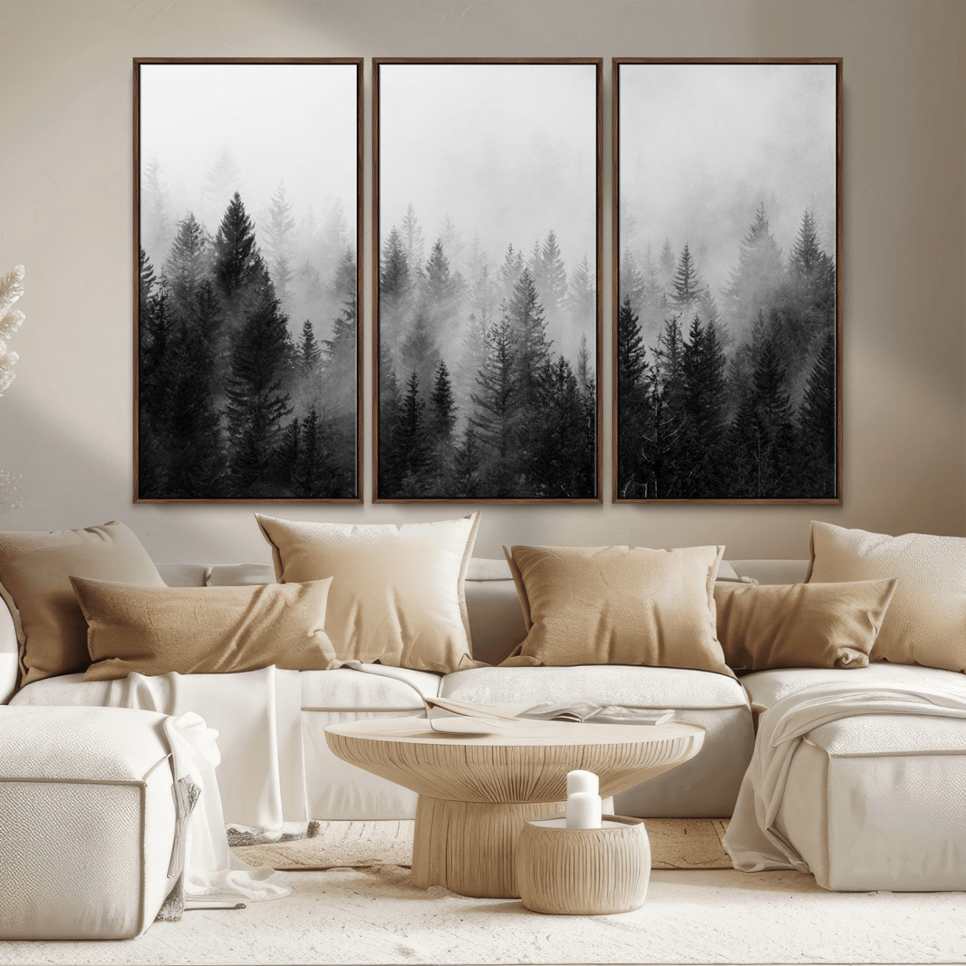 MGV-FC-48X32-3P - Foggy Black and White Forest Wall Art, 3 Panel Misty Pine Trees Canvas Print for Living Room, Office, or Bedroom, Nature-Inspired Woodland Wall Decor
