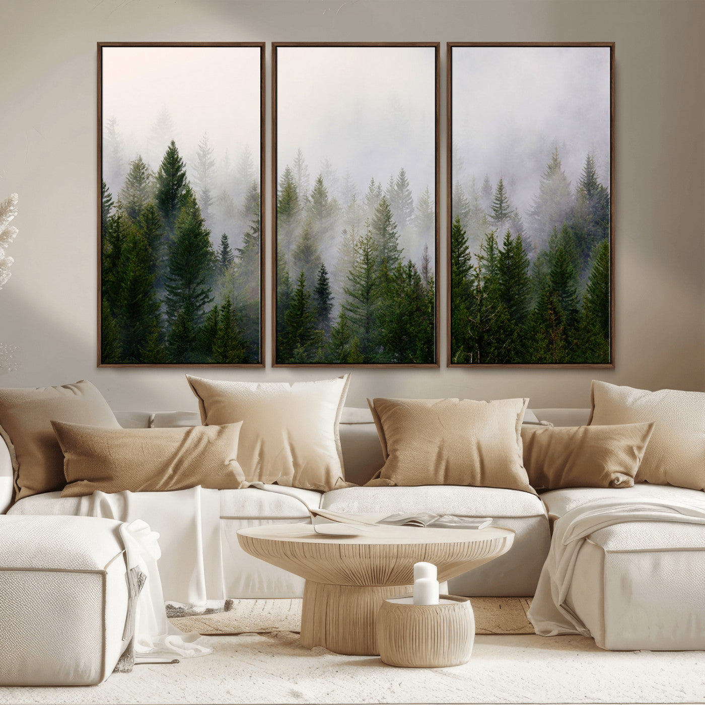 MGV-FC-48X32-3P - Misty Pine Forest Wall Art Canvas Print | 3 Panel Green Woodland Canvas Print for Living Room, Office, or Dining Room | Nature Foggy Forest Decor
