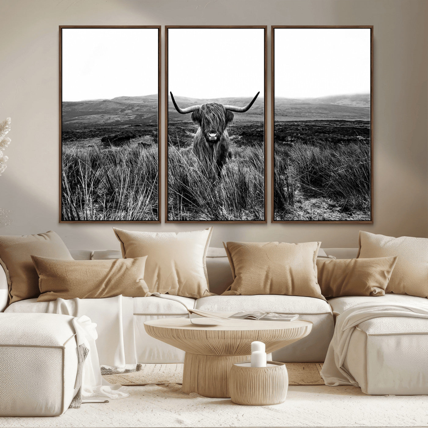 MGV-FC-48X32-3P - Black and White Highland Cow Canvas Wall Art, Longhorn Triptych Western Wall Decor for Cabin -