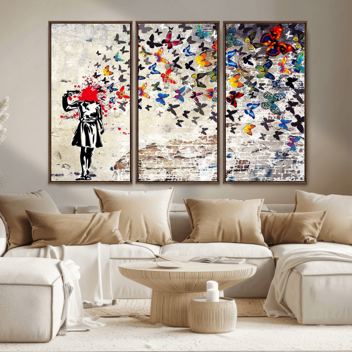 MGV-FC-48X32-3P - Banksy Art Butterfly Girl Explosion Canvas Art – Vibrant Urban Graffiti for Modern Interiors - Ready to Hang