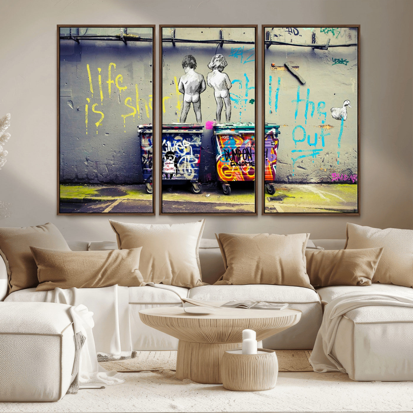 MGV-FC-48X32-3P - Banksy Life is Short Wall Art - Iconic Graffiti Art on Framed Ready-to-Hang Canvas - Street Art Inspired Decor