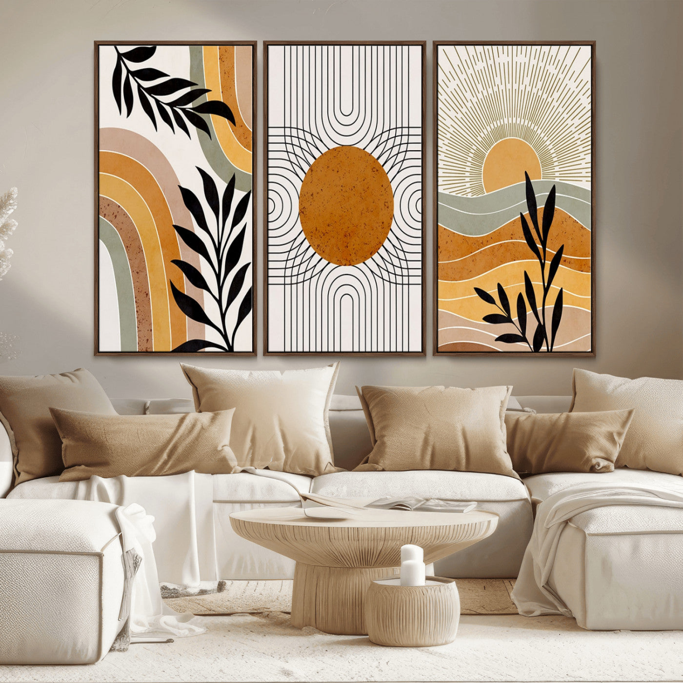 MGV-FC-48X32-3P - Modern Boho Sun and Leaf Abstract Art – 3-Panel Giclée Canvas for Mid-Century Modern or Bohemian