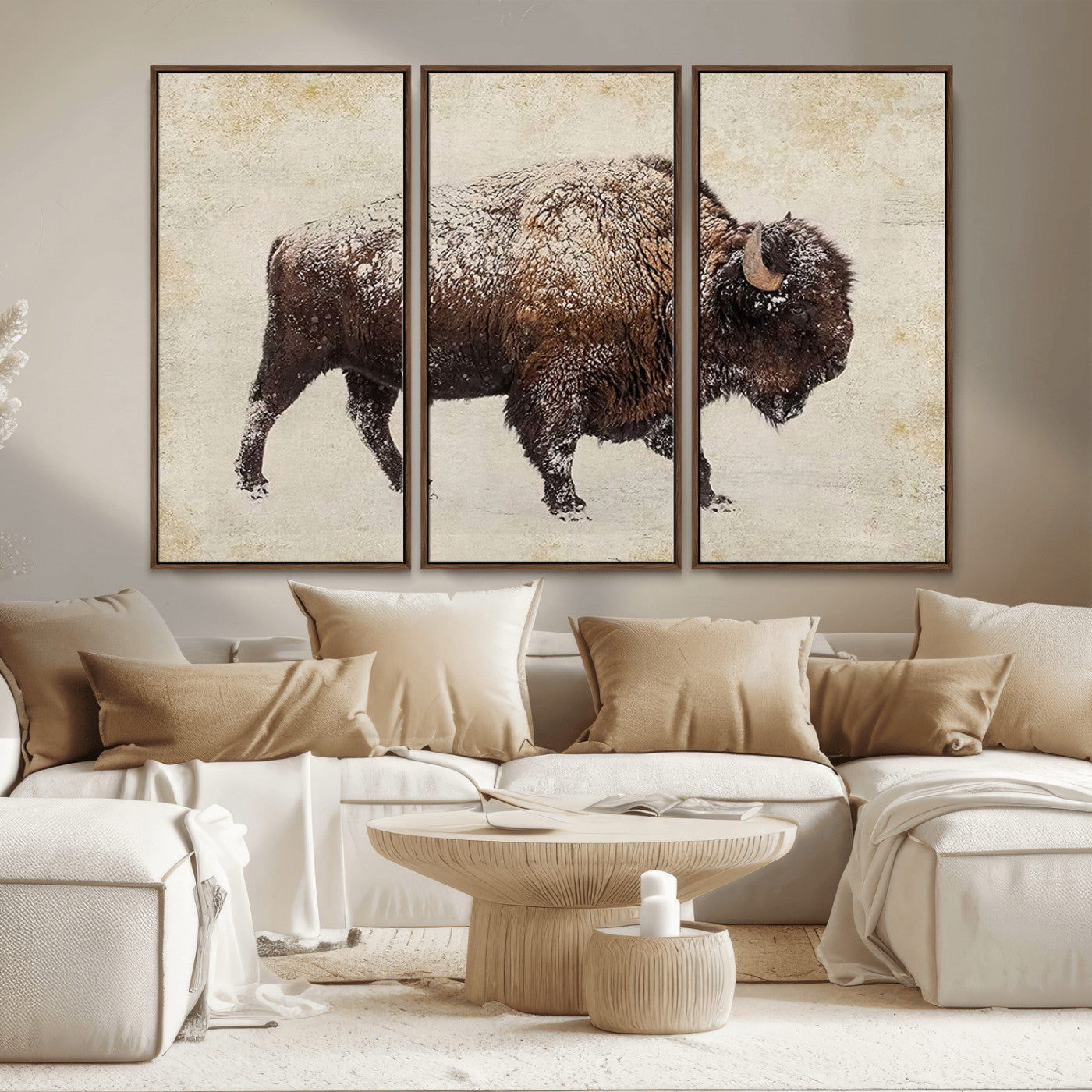 MGV-FC-48X32-3P - Buffalo Wall Art, Western Bison Canvas Print, Rustic Buffalo Art for Cowboy Western Decor, Large Multi-Panel Giclee Canvas for Farmhouse Wall Decor