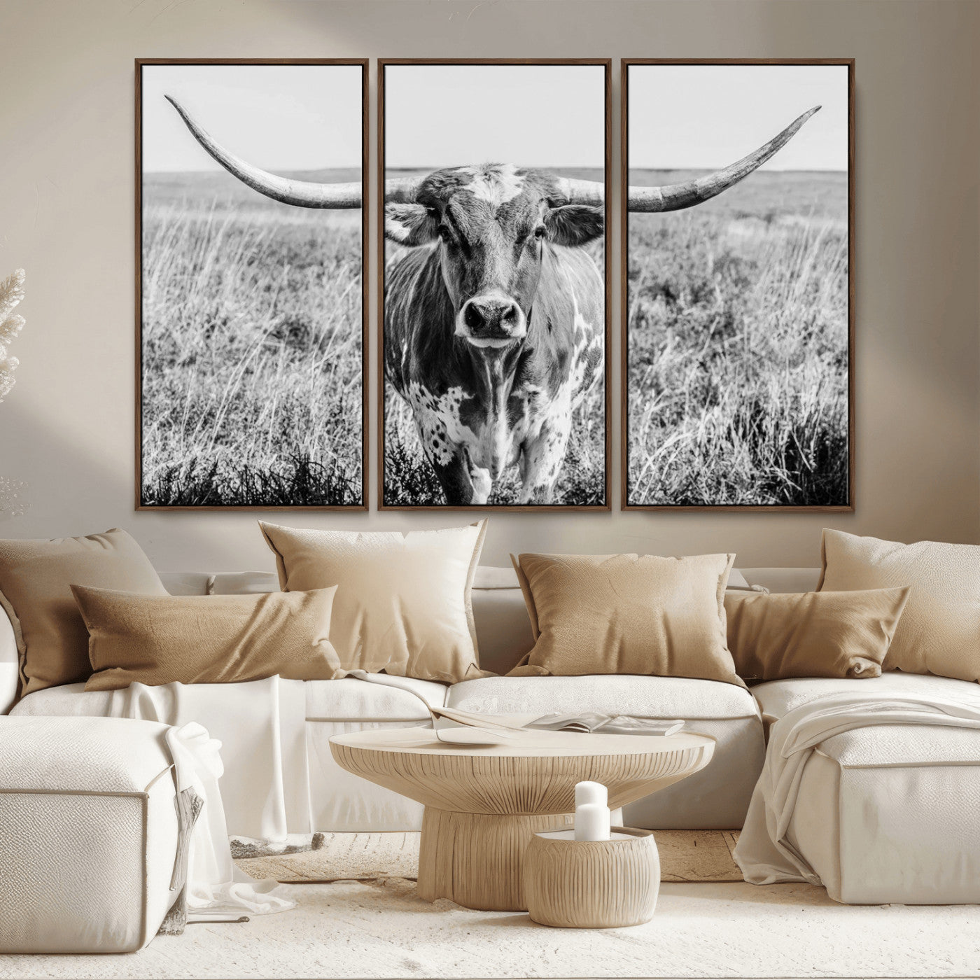 MGV-FC-48X32-3P - Texas Cow Longhorn Wall Art Canvas Print for Farm House Wall Decor, Farmhouse Wall Art Print