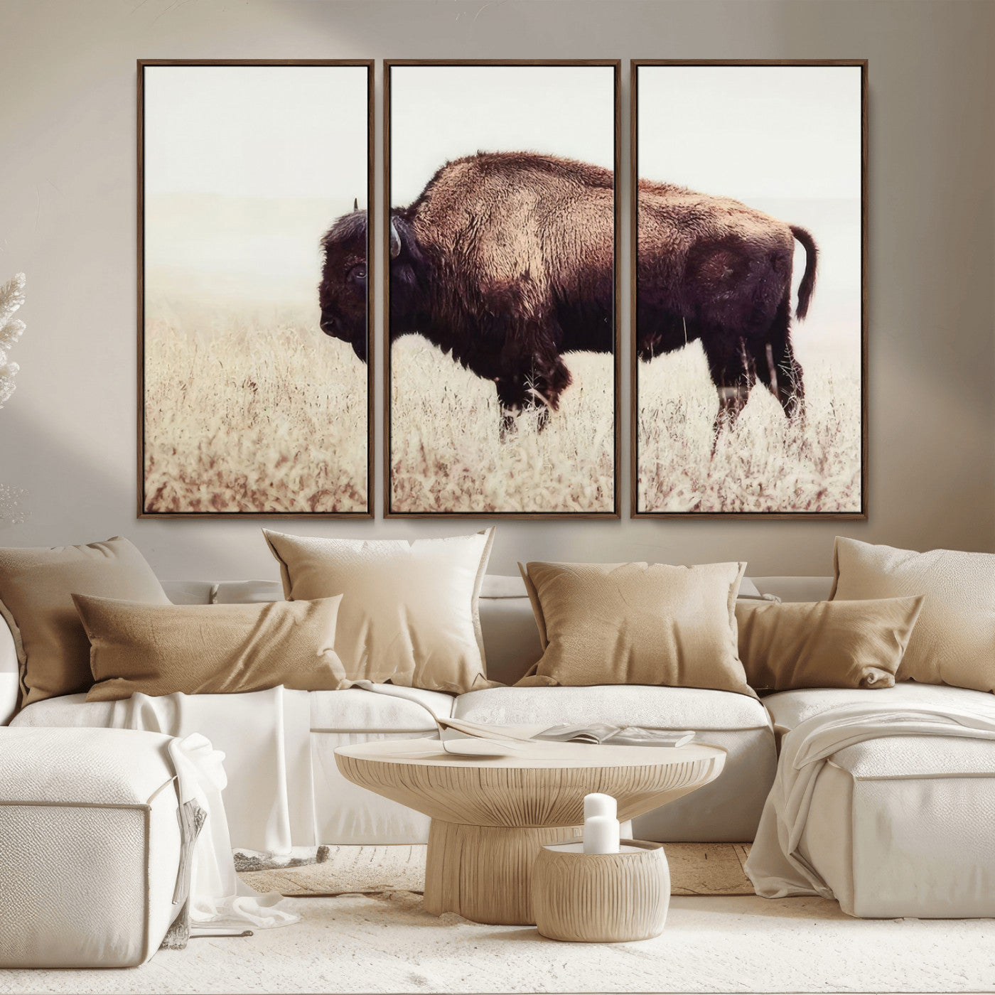 MGV-FC-48X32-3P - Bison in Field Wall Art Canvas Print For Farmhouse Barn Decor