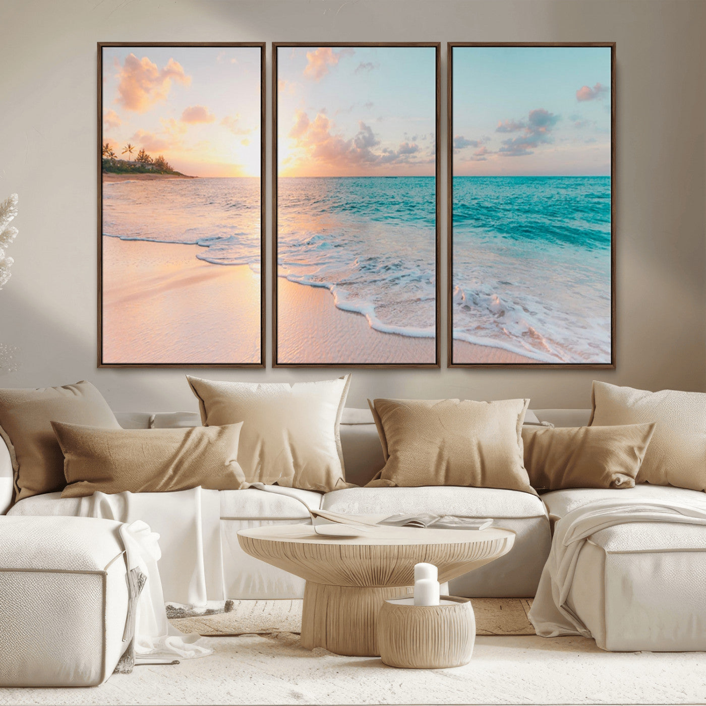 MGV-FC-48X32-3P - Beach Sunrise Wall Art, Coastal Seascape Canvas Print, Ocean Wave Multi-Panel Giclee, Coastal Sunset Beach Scene for Modern Decor