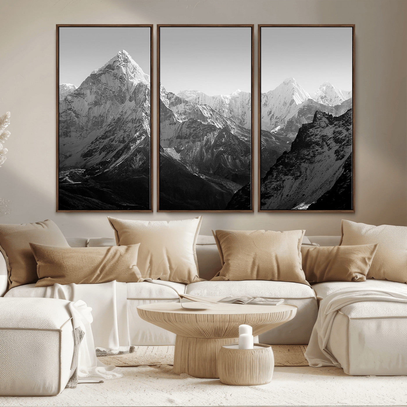 MGV-FC-48X32-3P - Everest Himalaya Mountain Peaks Black & White Triptych Canvas Art – Mountain Wall Decor for Minimalist Interiors
