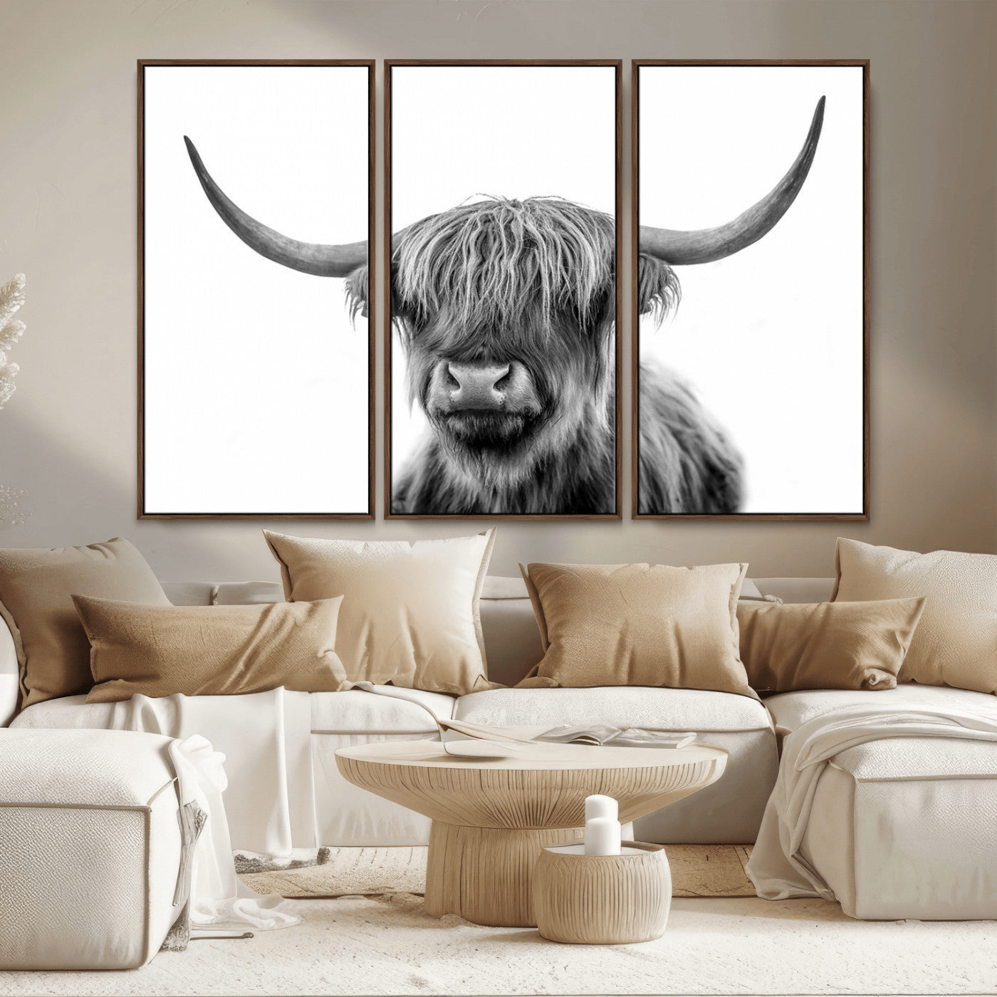MGV-FC-48X32-3P - Grayscale Scottish Highland Cow Cattle Art Print Farmhouse Wall Art Canvas Print