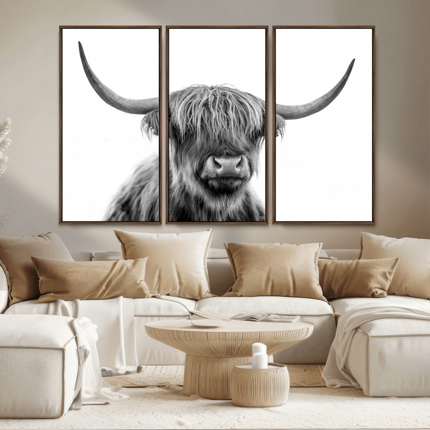 MGV-FC-48X32-3P - Scottish Highland Cow Cattle Art Print Wall Art Canvas Print for Farmhouse Decor, Framed Scottish