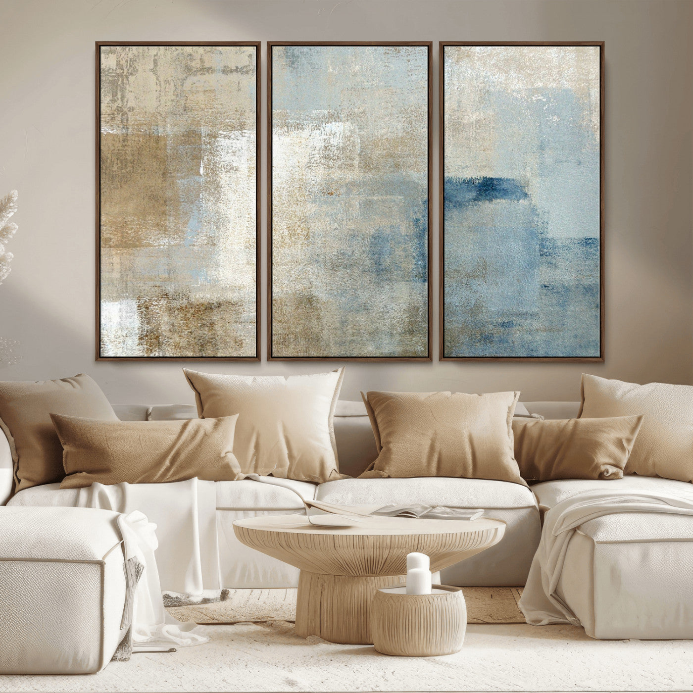 MGV-FC-48X32-3P - Abstract Blue and Beige Wall Art, Modern Minimalist Canvas Print Set, Giclee Textured Art, Large Multi-Panel Artwork for Living Room