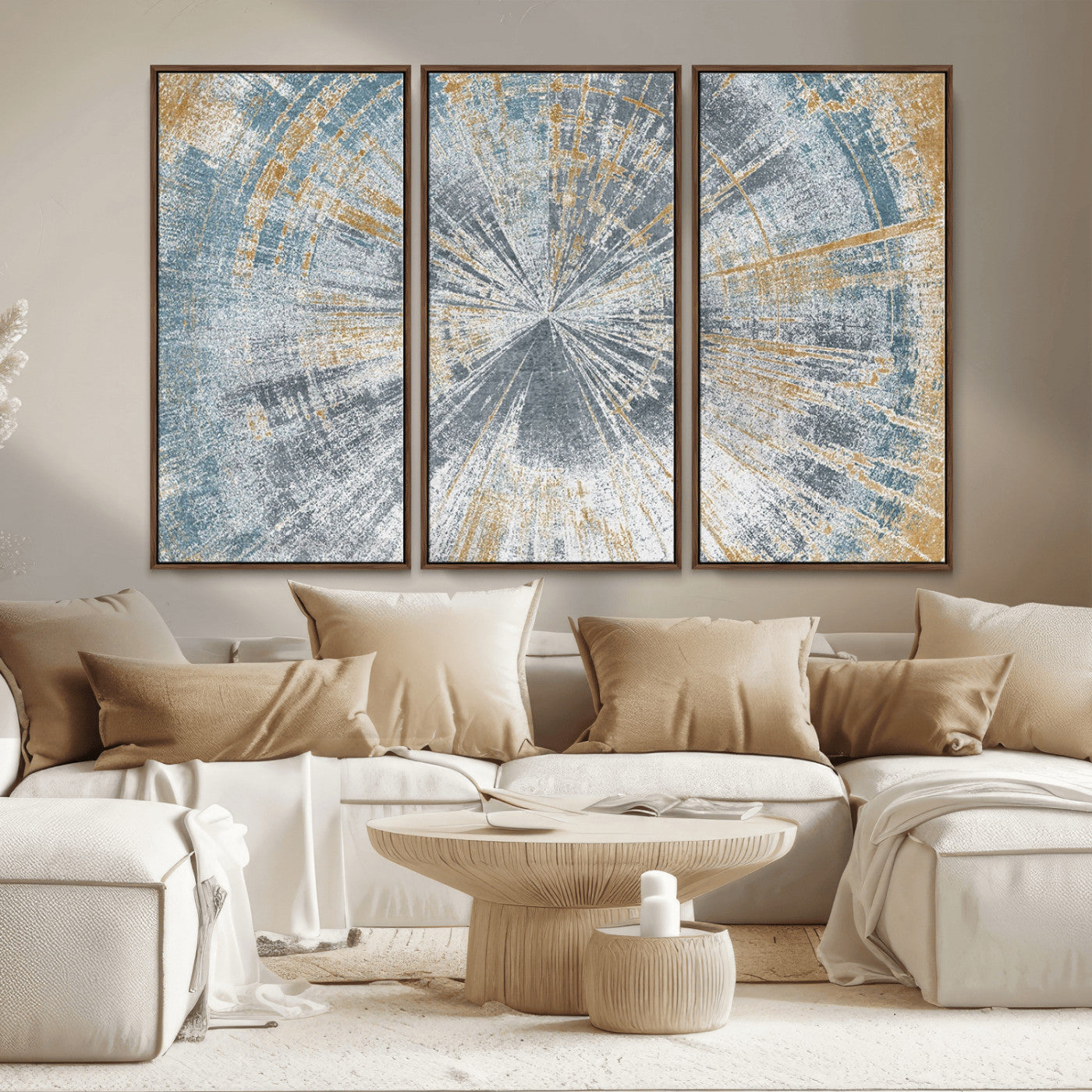 MGV-FC-48X32-3P - Radiant Abstract Wood Rings Canvas Art – Modern Triptych Wall Decor for Living Room or Farmhouse Decor