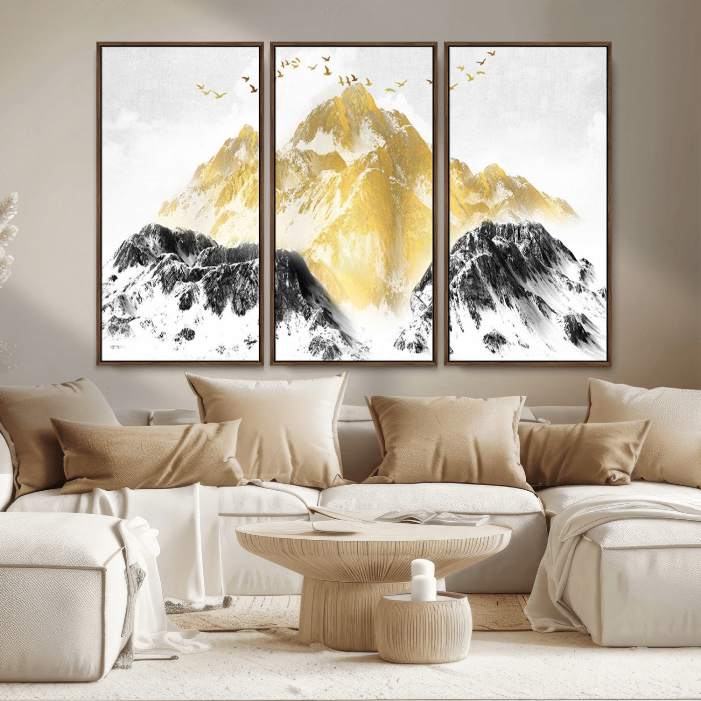 MGV-FC-48X32-3P - Golden Mountain Triptych Wall Art, Modern Giclee Canvas Print, Nature Landscape Decor for Living Room, Contemporary Gold and Black Wall Art