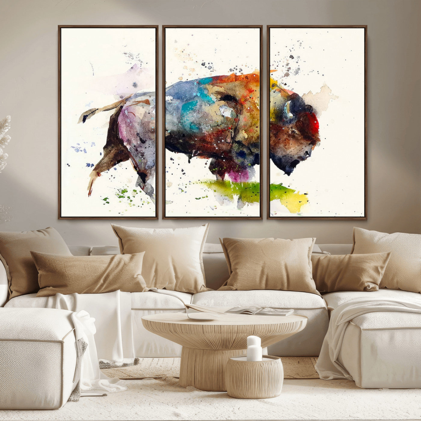 MGV-FC-48X32-3P - Abstract Buffalo Wall Art, Western Watercolor Bison Canvas Print, Rustic Buffalo Art for Cowboy and Western Decor, Large Multi-Panel Giclee Canvas