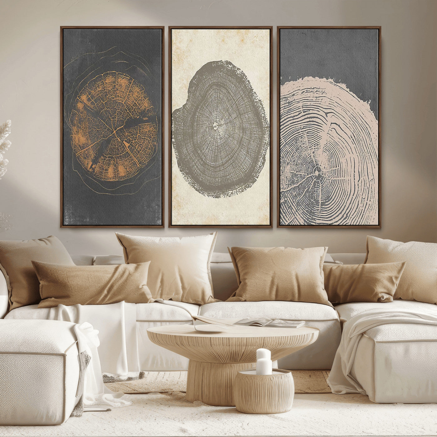 MGV-FC-48X32-3P - Boho Tree Ring Wall Art, Modern Minimalist Wood Grain Canvas, Tree Slice for Rustic Decor, Farmhouse Decor Giclee Canvas Print, Tree Ring Canvas Set